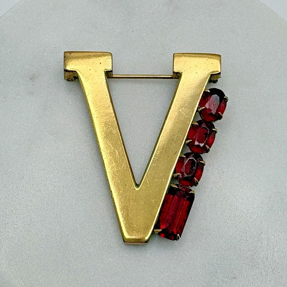 Vintage V Victory Brooch Red Glass Initial V Gold Filled WWII Pin